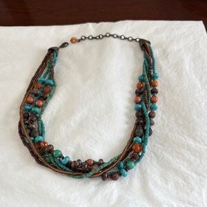 Brown Turquoise Orange Multicolor Beaded Necklace Adjustable